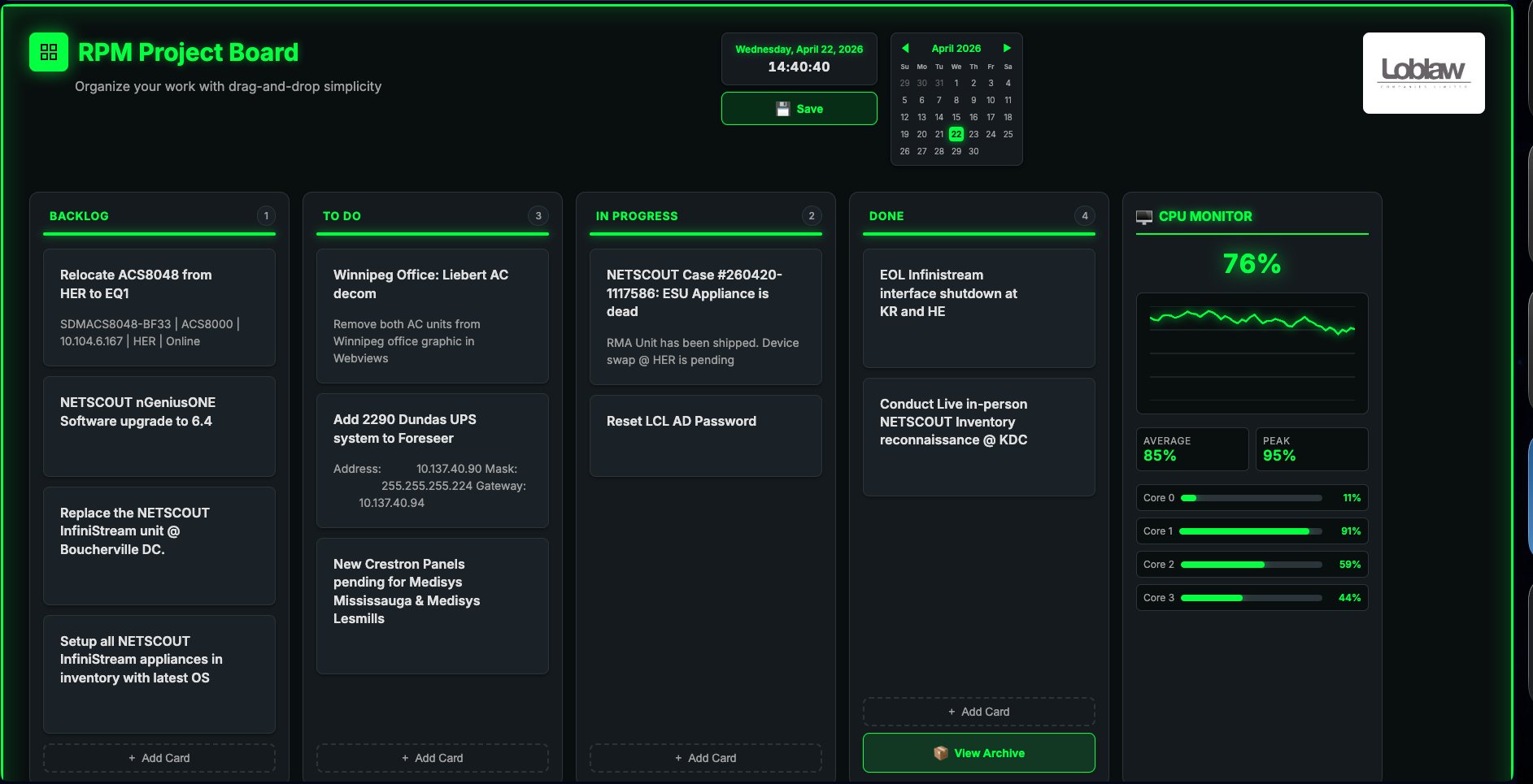 RPM Project Board — Kanban-style drag and drop project manager with CPU monitor