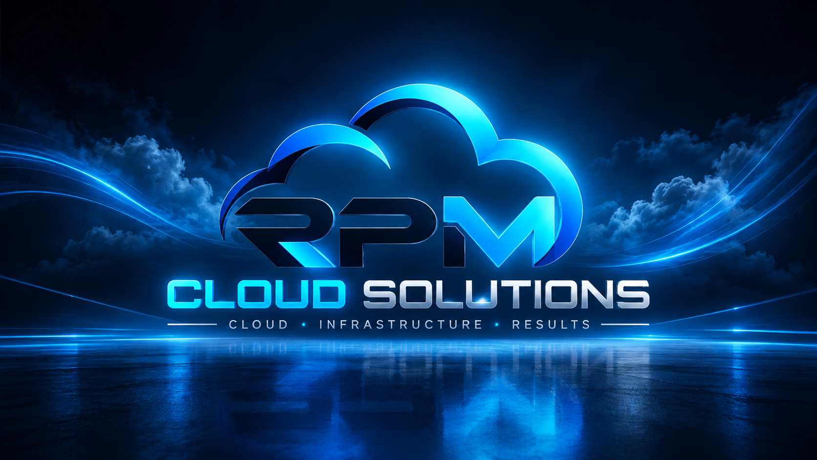 RPM Cloud Solutions logo glowing in electric blue above the words Cloud, Infrastructure, Results